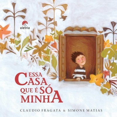 Capa de livro infantil com ilustração de menino na janela e flores coloridas