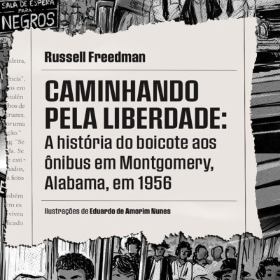 Capa de livro com título e ilustrações em preto e branco sobre boicote aos ônibus em Montgomery.