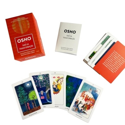 Baralho de tarô OSHO com caixa vermelha, manual branco e cartas coloridas