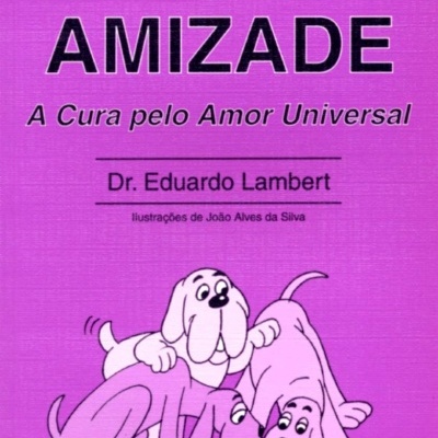 Capa de livro cor-de-rosa com título, autor, e ilustração de três cães a comer numa taça