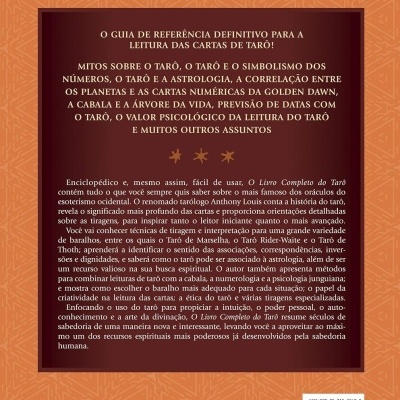 Contracapa de livro sobre leitura de cartas de Tarô com texto em português e fundo castanho-alaranjado