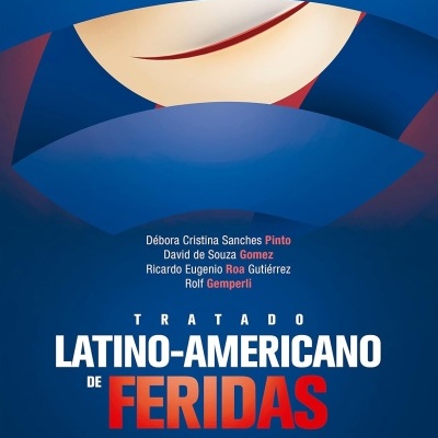 Capa de livro Tratado Latino-Americano de Feridas com fundo azul e texto em branco e vermelho