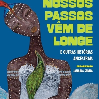 Capa de livro azul com ilustração colorida e texto em amarelo e branco