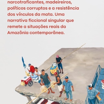 Contracapa de livro com texto descritivo e ilustração de pessoas num passadiço sobre água vermelha.