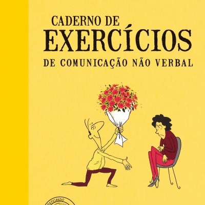 Capa amarela de livro Caderno de Exercícios de Comunicação Não Verbal com ilustração de duas pessoas e flores vermelhas.