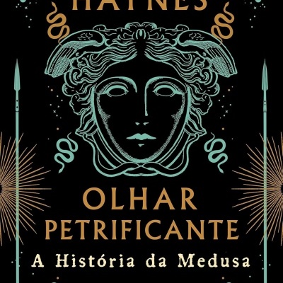 Capa do livro Olhar Petrificante com ilustração da Medusa e texto em dourado e azul-turquesa