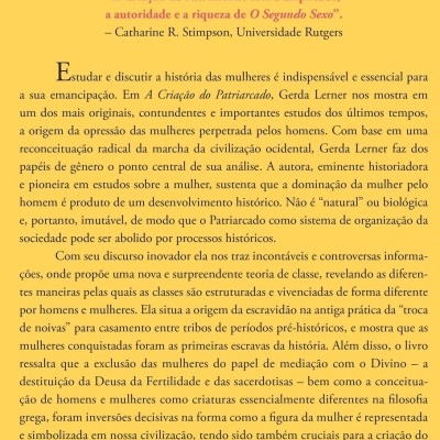 Contracapa de livro amarelo com texto sobre história do patriarcado e dados editoriais.