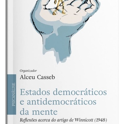 Capa de livro com ilustração de mão grande segurando figura humana com lanterna