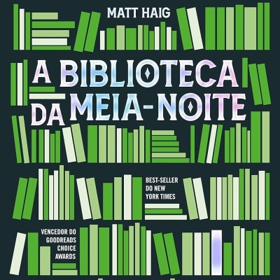 Capa do livro A Biblioteca da Meia-Noite com ilustrações de livros verdes e texto em branco e tons pastéis