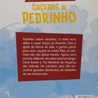 Contracapa do livro Caçadas de Pedrinho de Monteiro Lobato com texto e código de barras