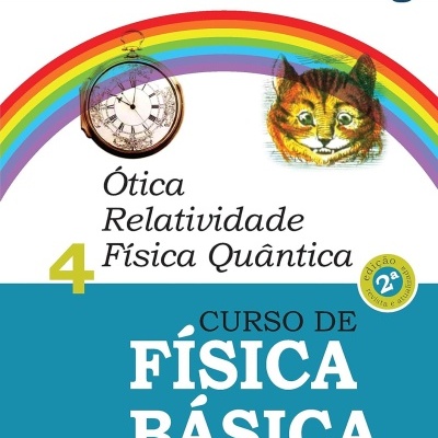 Capa de livro Curso de Física Básica com arco-íris, relógio e gato