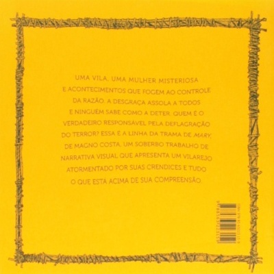 Capa traseira amarela de livro com texto e moldura de arame farpado.
