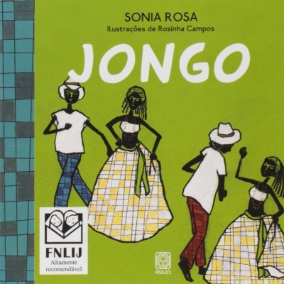 Capa de livro verde com ilustrações e texto JONGO