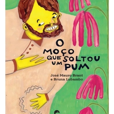 Capa de livro ilustrada com homem amarelo, flores cor-de-rosa e texto do título e autores.