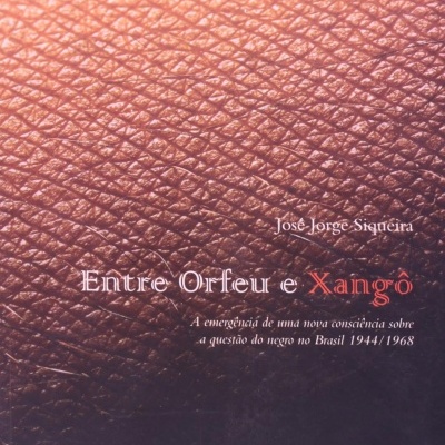 Capa de livro com textura de pele castanha e título Entre Orfeu e Xangô