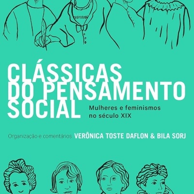 Capa de livro verde com ilustrações de mulheres e texto sobre feminismos no século XIX