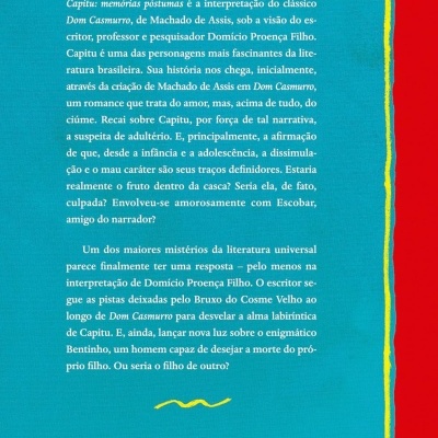 Verso de livro com texto em português, fundo azul com borda vermelha e amarela