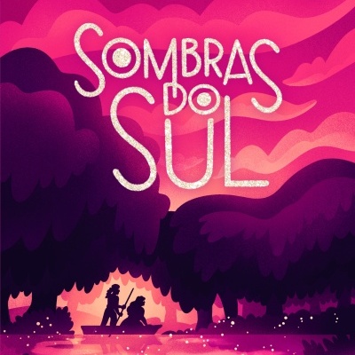 Capa de livro Sombras do Sul em tons rosa e roxo com ilustração de duas pessoas num barco