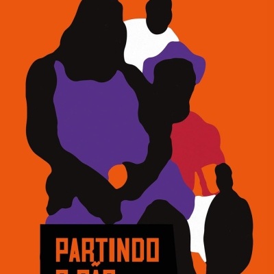 Capa de livro laranja com silhuetas pretas e roxas e texto em português