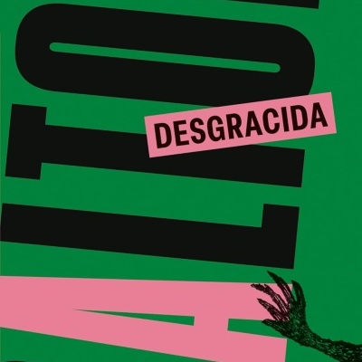 Capa de livro verde com texto preto e rosa e uma mão preta desenhada