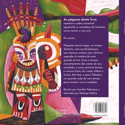 Capa traseira de livro com ilustração tribal e texto em português