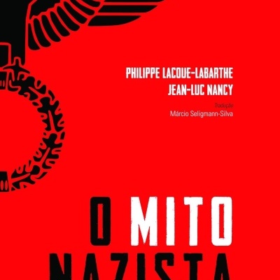 Capa de livro vermelha com texto em preto e branco e símbolo negro de águia estilizada.