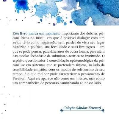Contracapa de livro com manchas azuis e texto em português sobre psicanálise