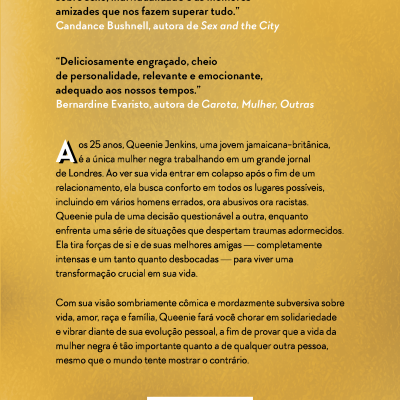 Contracapa de livro com texto em português sobre a personagem Queenie Jenkins e citações de autoras, fundo dourado.