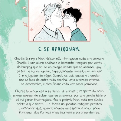 Imagem de livro com ilustração de dois rapazes quase a tocar os narizes e texto em português