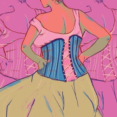 Capa de livro com mulher de costas em corpete azul e saia amarela