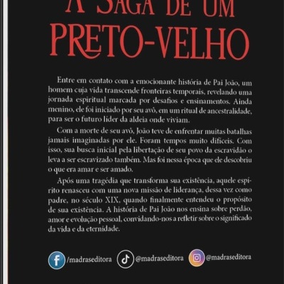 Capa traseira de livro com título vermelho e texto branco em fundo preto