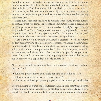 Verso de livro do Tarô com texto explicativo em português e fundo bege texturizado