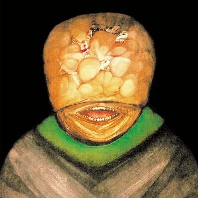 Capa de livro com título vermelho e figura ilustrada com cabeça de formas orgânicas e boca sorridente.