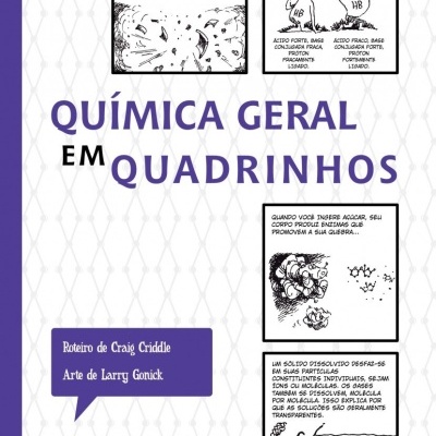 Capa de livro QUÍMICA GERAL EM QUADRINHOS com ilustrações e texto em português brasileiro.