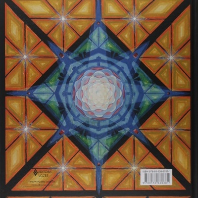 Capa de livro com padrão geométrico colorido e texto editorial e ISBN