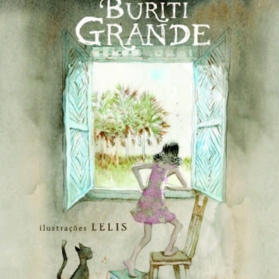 Capa de livro ilustrado com uma menina e um gato junto a uma janela aberta