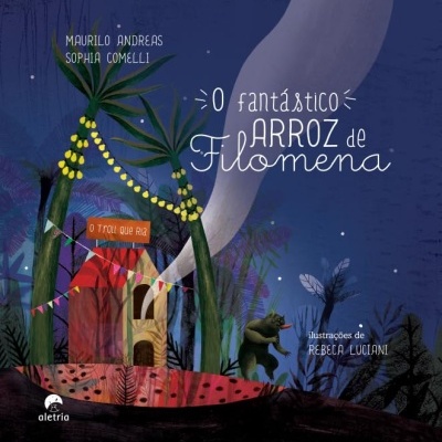 Capa de livro infantil com árvores decoradas, casa vermelha, troll verde e texto em branco no fundo azul.