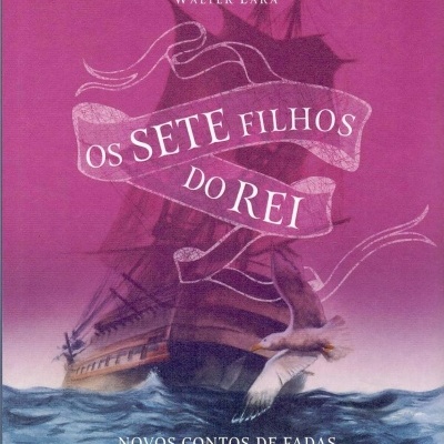 Capa de livro vinhos com navio antigo no mar e gaivota, texto OS SETE FILHOS DO REI