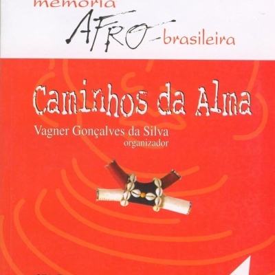 Capa de livro vermelho com título Caminhos da Alma e texto memória AFRO brasileira