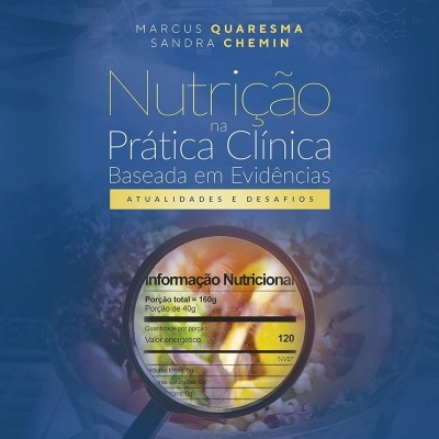 Capa de livro azul com título sobre nutrição e imagem de salada com lupa