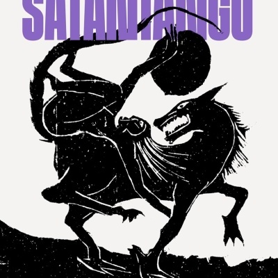 Capa de livro com título roxo e ilustração preta de figura humana e animal
