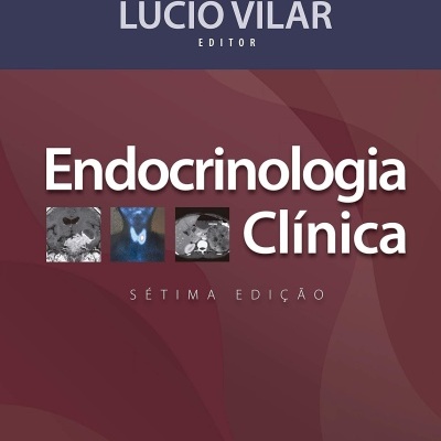 Capa de livro Endocrinologia Clínica com imagens médicas e informações do editor.