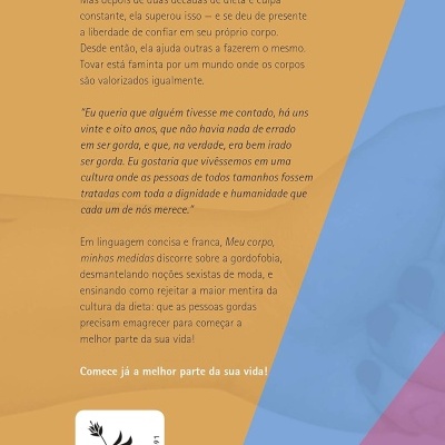 Parte traseira de um livro com texto em português sobre corpo e gordofobia e código de barras.