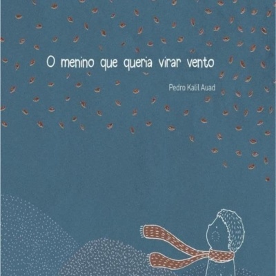 Capa azul de livro infantil com ilustração de menino e folhas castanhas, título e autor em branco