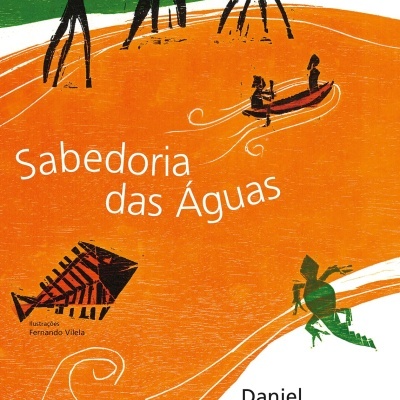 Capa de livro Sabedoria das Águas com ilustrações verdes e laranja