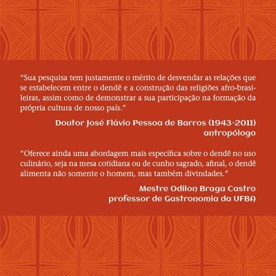 Contracapa de livro com padrão laranja e texto em português sobre o dendê, com código de barras e logótipo da editora