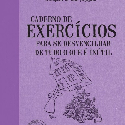 Capa roxa de caderno de exercícios com ilustração e texto em preto
