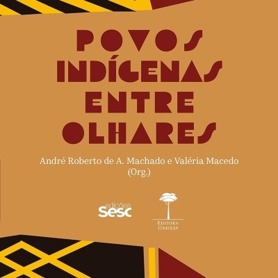 Capa de livro com texto em vermelho e design abstrato em amarelo, castanho e preto