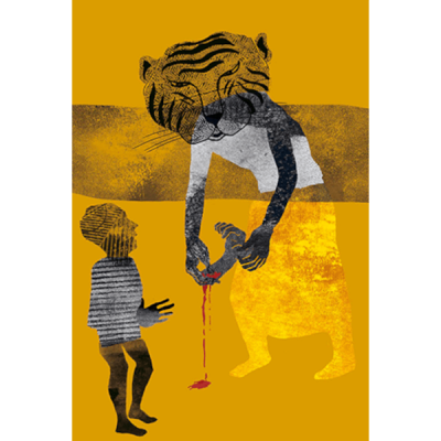 Ilustração abstrata a cores com figuras humanas e cabeça de tigre