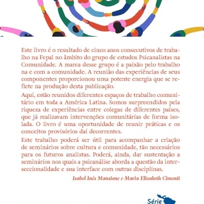 Parte traseira de livro com texto, código de barras, QR code, logotipos e ilustração colorida